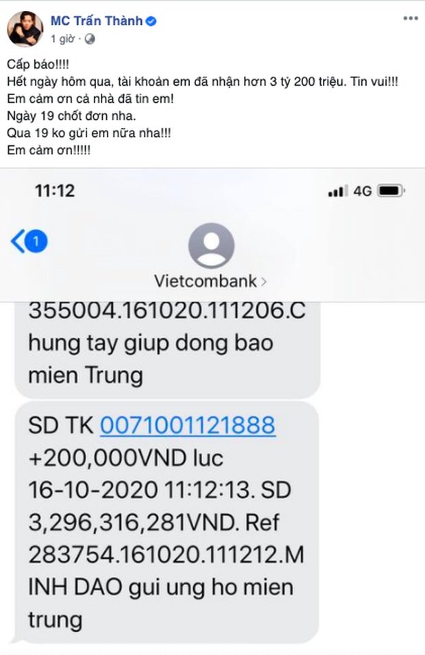 Sau 24 giờ, Trấn Thành đã kêu gọi được 3,2 tỷ đồng, 3 ngày tới sẽ đến miền Trung cứu trợ bà con