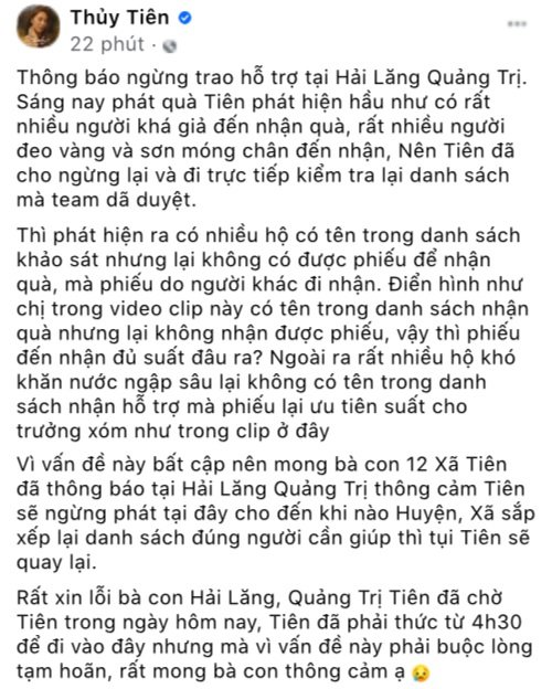 Thuỷ Tiên thông báo dừng hỗ trợ tại Hải Lăng, Quảng Trị do có nhiều người khá giả, đeo vàng đến nhận