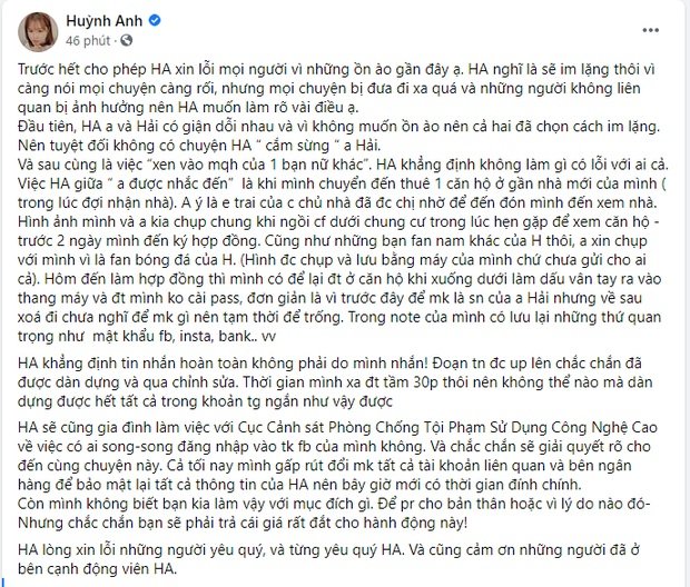 Nguyên văn chia sẻ của Huỳnh Anh nhưng sau đó đã bị xóa đi