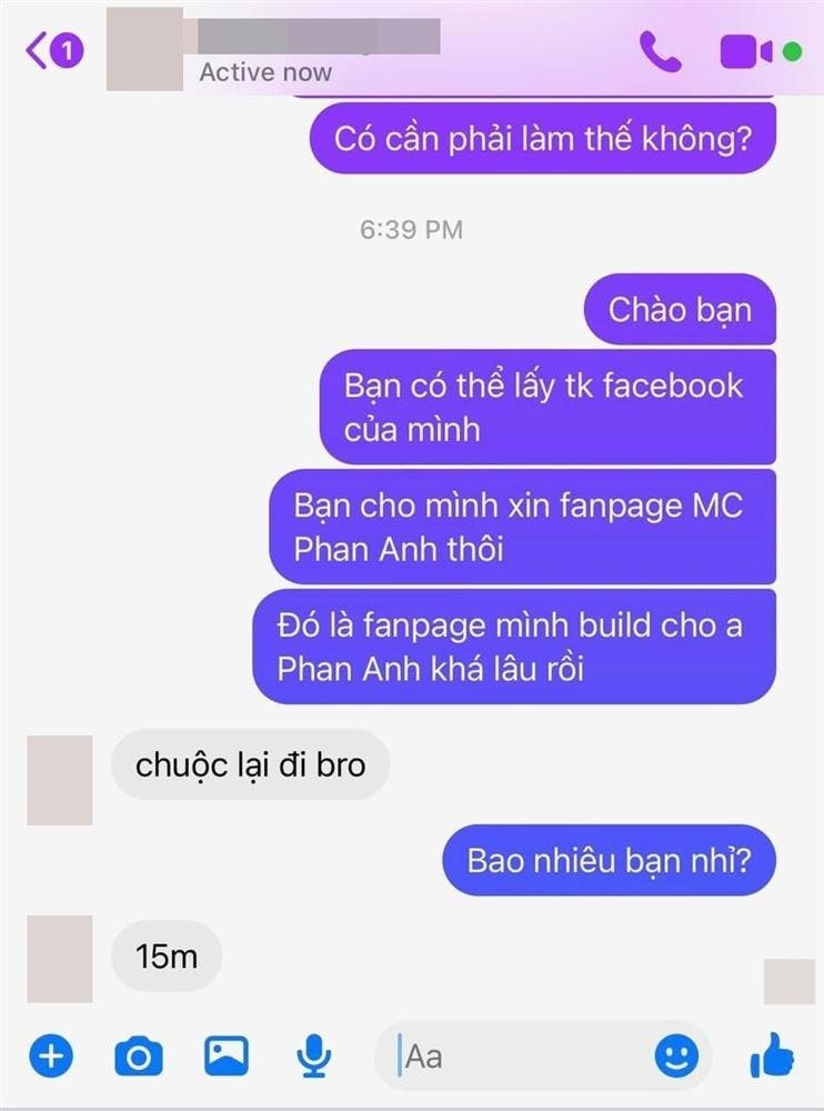 MC Phan Anh gây xôn xao khi đăng tải tâm thư gửi... hacker trên trang cá nhân. Cụ thể, một hacker đã cướp mất Fanpage chính thức của Phan Anh, và nhắn tin tống tiền 15 triệu để chuộc lại: 