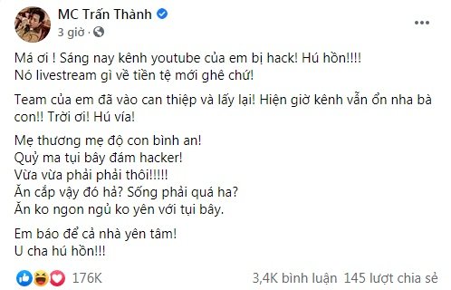 Kênh Youtube hơn 4,5 triệu đăng ký của MC Trấn Thành bị hack để livestream tiền ảo