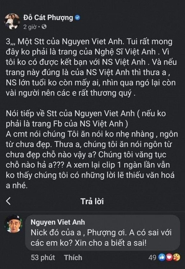 Sau khi đến tận nhà nam gymer xúc phạm vợ chồng Chí Tài, Cát Phượng cùng nhiều sao Việt bị chỉ trích phản cảm, hành động hung hăng, chợ búa. NSND Việt Anh bất ngờ đăng tải bài viết nhằm nhắc nhở đàn em nghệ sĩ nên chú ý hành động của mình. Ngay sau đó, Cát Phượng tỏ ra khá bức xúc, công khai đáp trả đàn anh. NS Việt Anh lên tiếng xác nhận tài khoản Facebook đó là của mình và hỏi ngược lại đàn em. Trước sự việc trên, cư dân mạng cho rằng Cát Phượng có thái độ thiếu tôn trọng tiền bối trong khi NS Việt Anh nhắc nhở rất lịch sự, không hề nhắc đích danh bất cứ ai