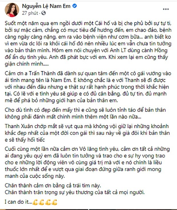 Nam Em đăng status nói rõ lùm xùm với Lãnh Thanh, bất ngờ gửi lời tới Trấn Thành sau khi bị gọi là 