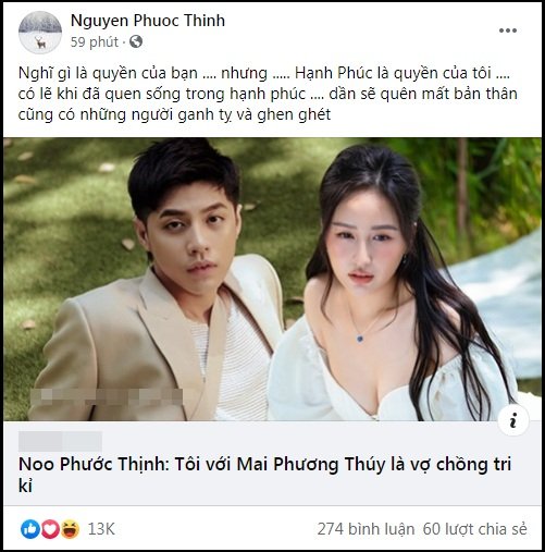 Noo Phước Thịnh chia sẻ bài viết liên quan tới Mai Phương Thúy, khẳng định: 