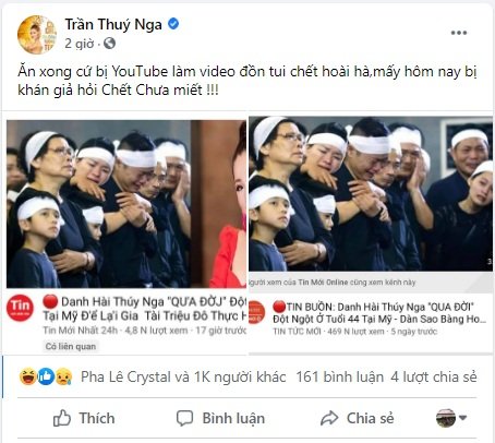 Danh hài Thúy Nga bức xúc khi bị tung tin qua đời ở Mỹ