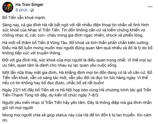 Hà Trần bức xúc trước tin đồn NS Trần Tiến qua đời, khẳng định: 