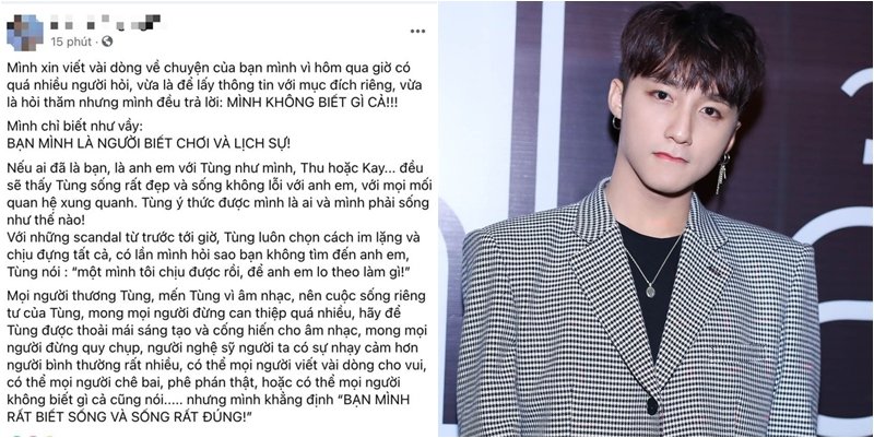 Bạn thân Sơn Tùng lên tiếng bảo vệ nam ca sĩ giữa ồn ào tình cảm