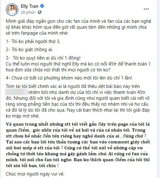 Elly Trần đáp trả tin giật chồng - quỵt tiền, phải lên phường giải quyết