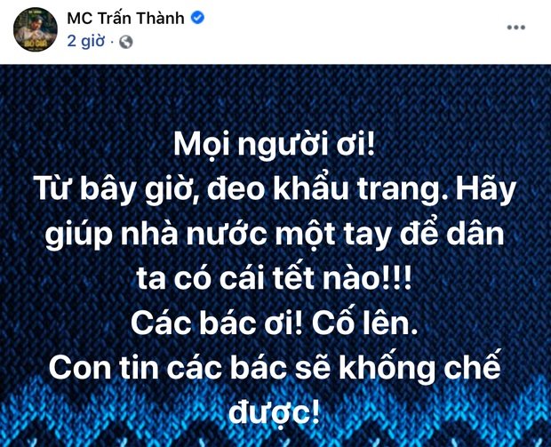 Trấn Thành kêu gọi đeo khẩu trang