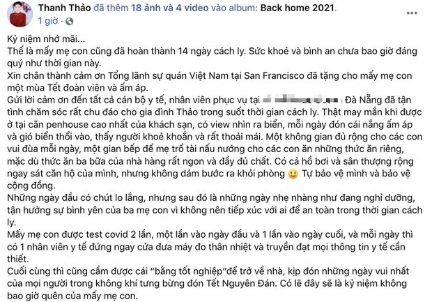 Thanh Thảo đã hoàn thành 14 ngày cách ly sau khi trở về từ Mỹ, tiết lộ về tình trạng sức khoẻ hiện tại