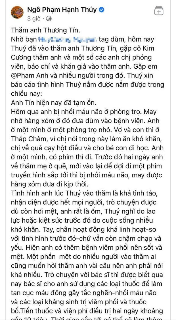 Diễn viên Hạnh Thuý nói rõ tình trạng bệnh tật của Thương Tín
