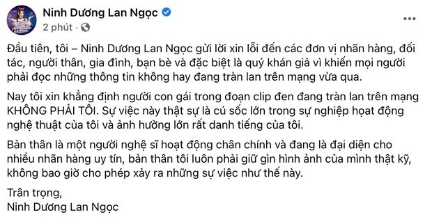 Ninh Dương Lan Ngọc chính thức lên tiếng về nghi vấn lộ clip nóng trên web đen: 'Người con gái trong đoạn clip đen đang tràn lan trên mạng KHÔNG PHẢI TÔI. Sự việc này thật sự là cú sốc lớn trong sự nghiệp hoạt động của tôi và ảnh hưởng lớn dến danh tiếng của tôi'