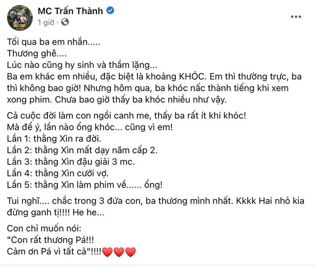 Trấn Thành chia sẻ xúc động về ba sau khi chiếu Bố Già