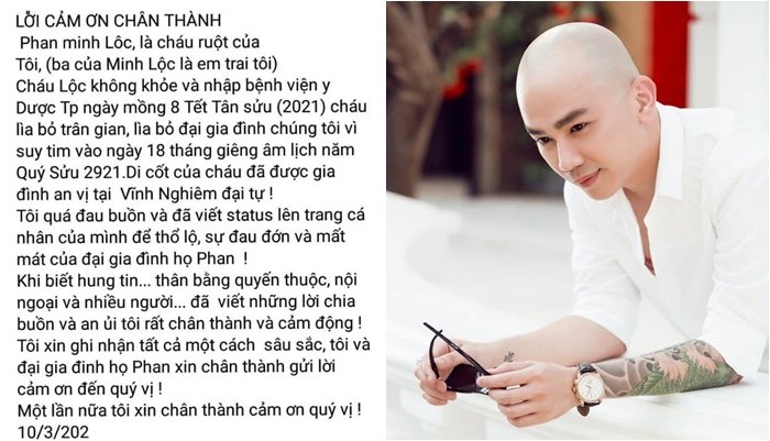 Chuyên viên trang điểm Minh Lộc đã qua đời ở tuổi 35 và khiến rất nhiều nghệ sĩ cũng như đồng nghiệp bàng hoàng. Cho đến mới đây, người thân mới chính thức hé lộ nguyên do và thời gian chính xác Minh Lộc qua đời trên trang cá nhân