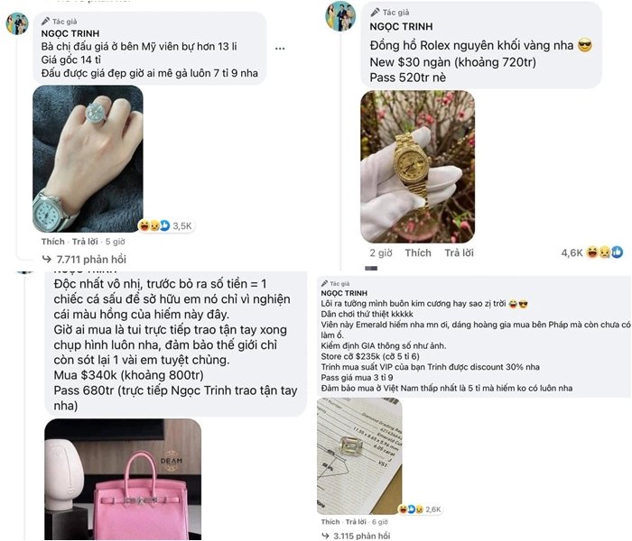 Ngọc Trinh rao bán loạt đồ hiệu và kim cương đáng giá cả gia tài tiền tỷ. Trên Facebook cá nhân, cô viết: 'Topic thanh lý pass đồ (vì bị Thuý Kiều bắt nha mọi người, không tự nguyện lắm nha mọi người. Hầu hết mỗi món chỉ có một nha mọi người, Trinh có thói quen sưu tầm nên cơ bản là đồ mới 100%... Bà Kiều không cho giữ phụ kiện á, bả lọc nửa nhà tôi luôn rồi, bán hết xong mua nhà mới hay gì Kiều'. Tuy nhiên, Ngọc Trinh lại bị tố lấy ảnh trên mạng.