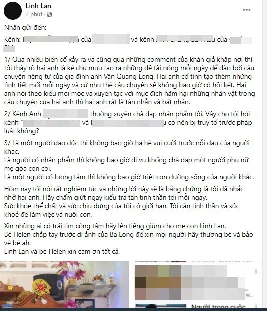 Vợ hai Vân Quang Long công khai kẻ 'chà đạp nhân phẩm'. Linh Lan cho rằng hành động tra tấn tinh thần cô của 2 người này là tàn nhẫn và bất nhân