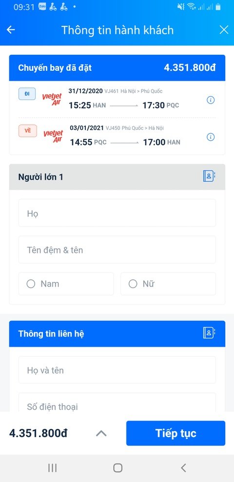 Giá vé máy bay các chặng 