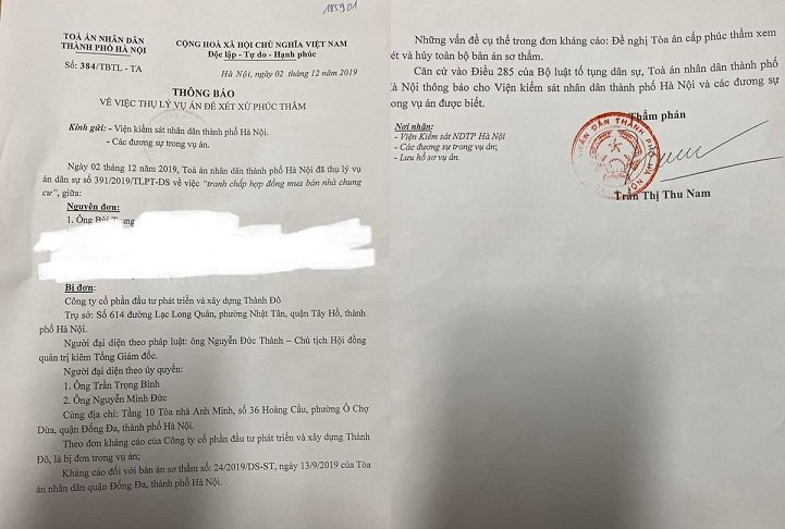 Thông báo thụ lý vụ án của Tòa. (Ảnh: Trí Thức Trẻ).