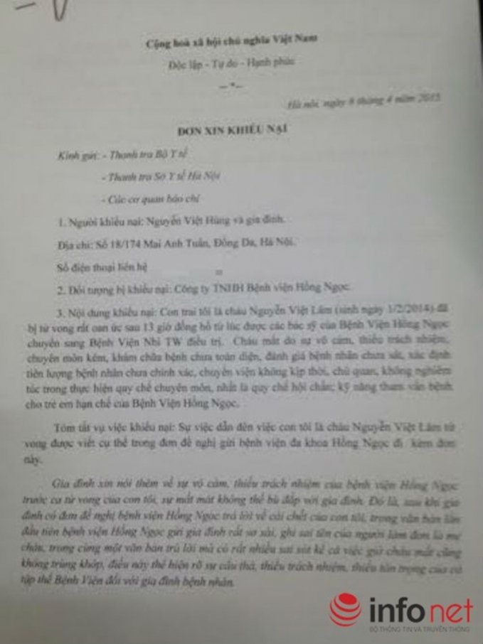 Đơn khiếu nại của gia đình bệnh nhi đối với Bệnh viện Hồng Ngọc trong vụ việc cháu bé 1 tuổi tử vong. (Ảnh: Infonet).