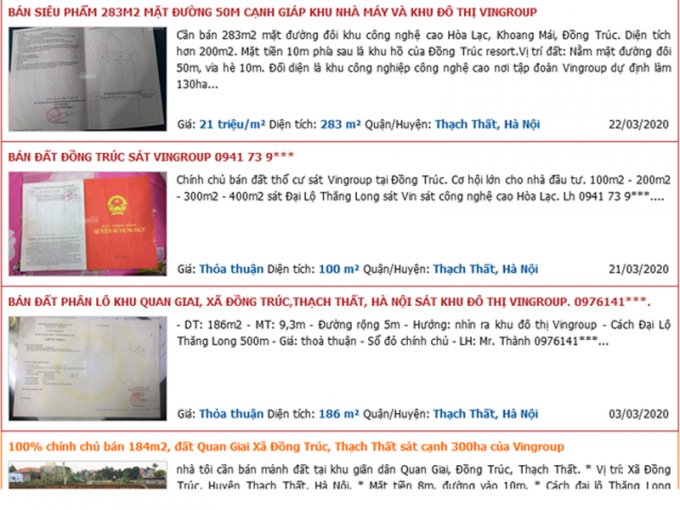 Một số trang bất động sản, hàng loạt thông tin rao “bán đất Đồng Trúc sát Vingroup