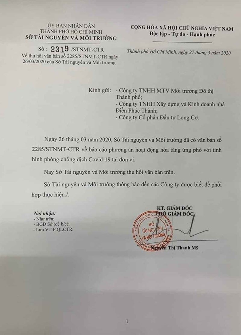 Văn bản thu hồi của Sở TN-MT TP HCM.