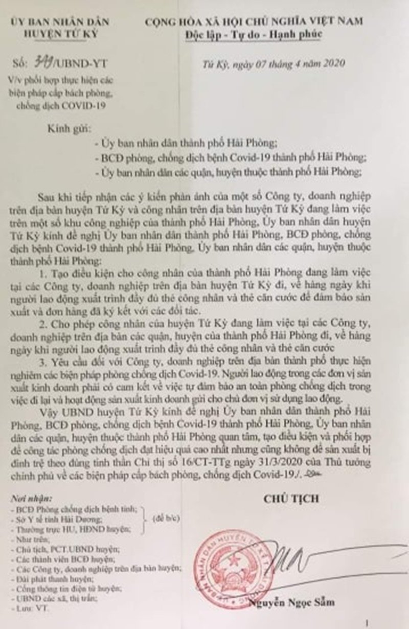Văn bản của huyện Tứ Kỳ - Hải Dương.