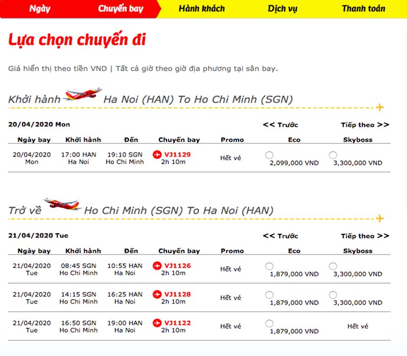 Một số chuyến bay của Vietjet Air thông báo hết vé.