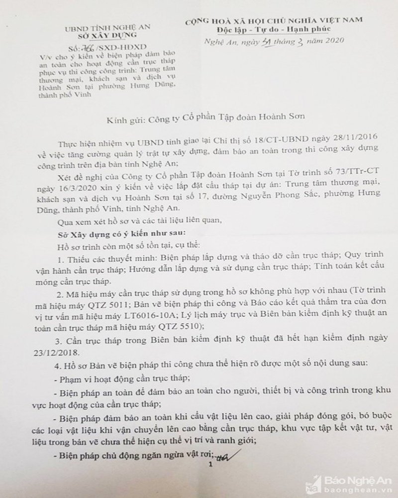 Văn bản 766/SXD-HĐXD ngày 31/3/2020, của Sở Xây dựng Nghệ An chỉ ra nhiều tồn tại có trong hồ sơ cần trục tháp của Công ty CP Tập đoàn Hoành Sơn. (Ảnh: Báo Nghệ An).