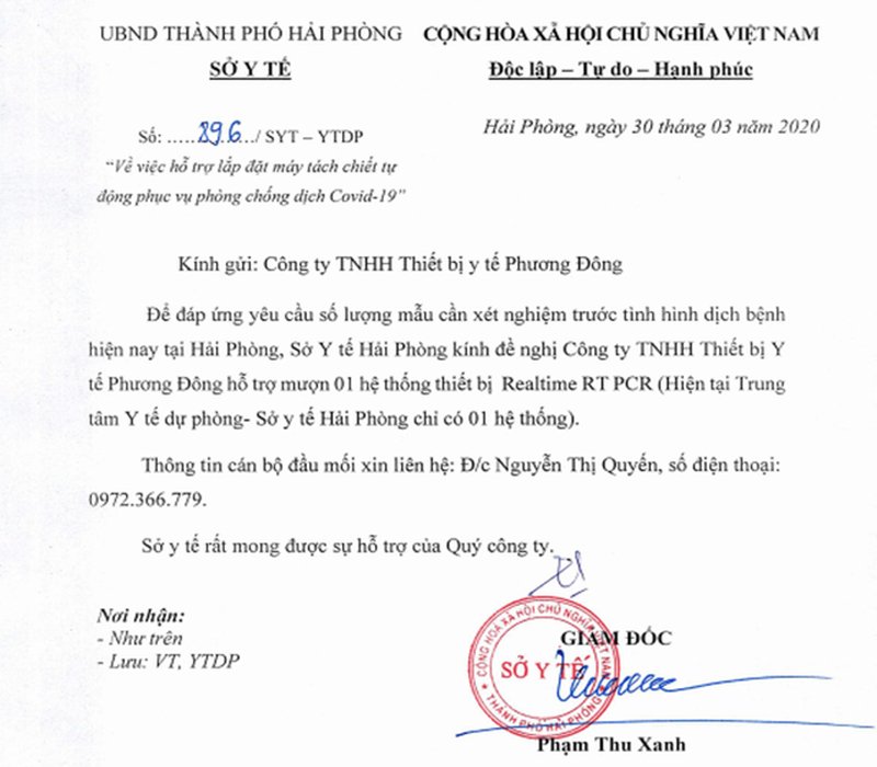 Văn bản mượn máy xét nghiệm Covid-19 của Sở y tế TP Hải Phòng.