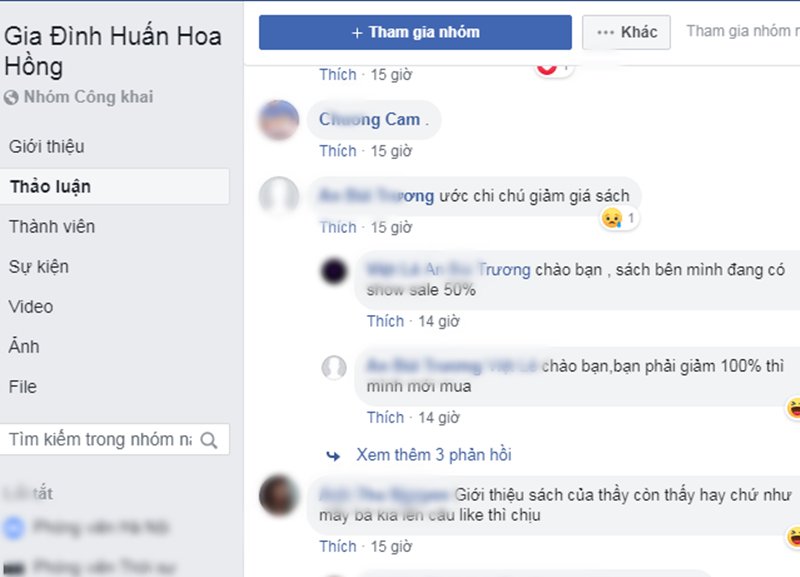 Nhiều bình luận hỏi mua, bán sách của Huấn Hoa Hồng trên mạng.