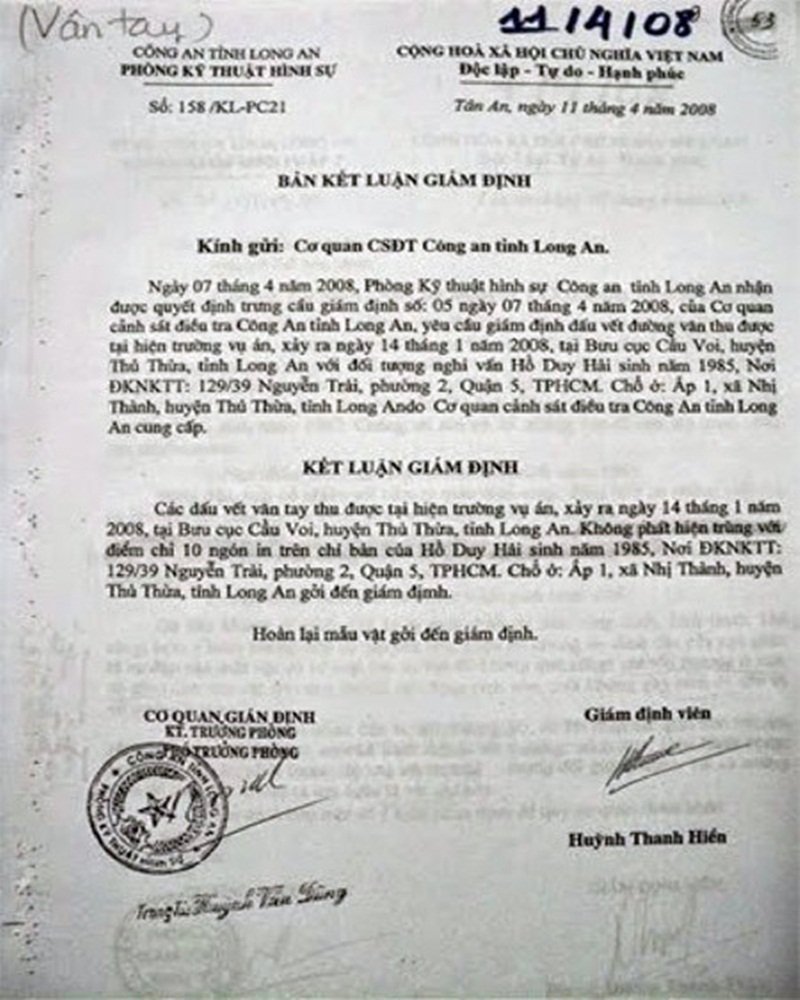 Kết luận giám định của Phòng Kỹ thuật hình sự Công an tỉnh Long An ngày 11/4/2008. (Ảnh: Thanh Niên).