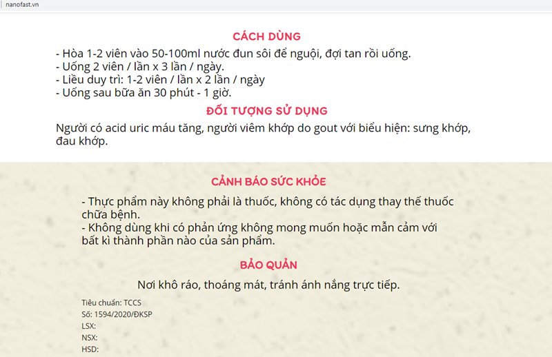 Sản phẩm Viên sủi Nano Fast là thực phẩm chức năng sử dụng hỗ trợ điều trị bệnh Gout.