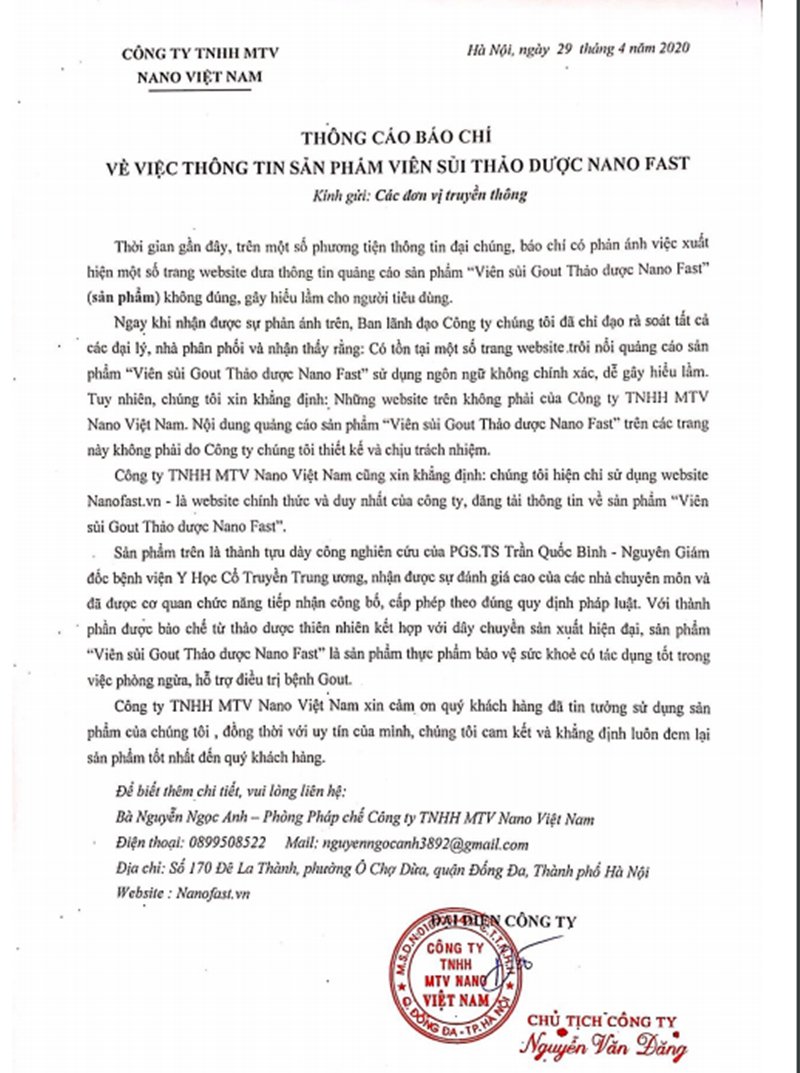 Thông cáo của Công ty Nano Việt Nam.