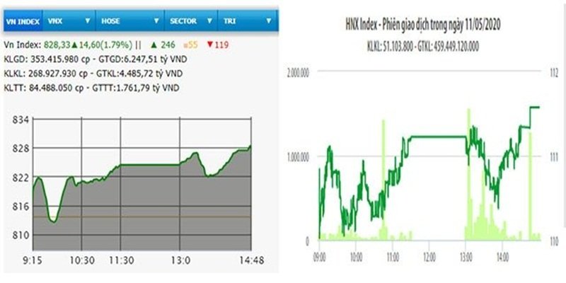 Diễn biến VN-Index và HNX-Index phiên giao dịch ngày 11/5.