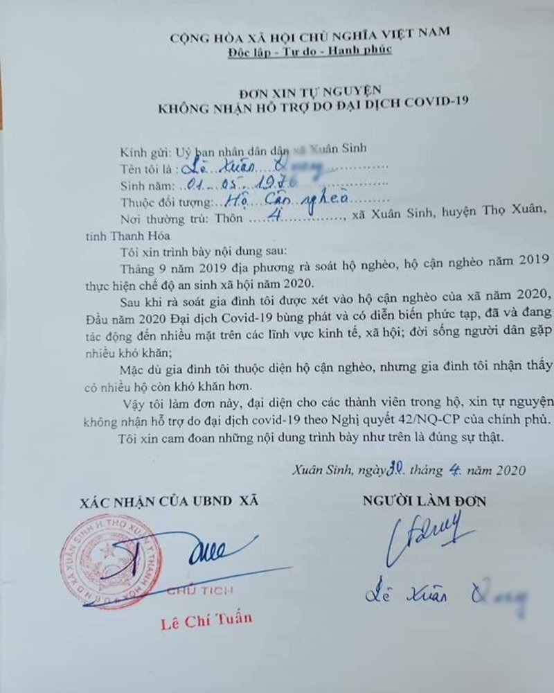 Nhiều tấm gương làm đơn xin tự nguyện không nhận hỗ trợ của người dân.