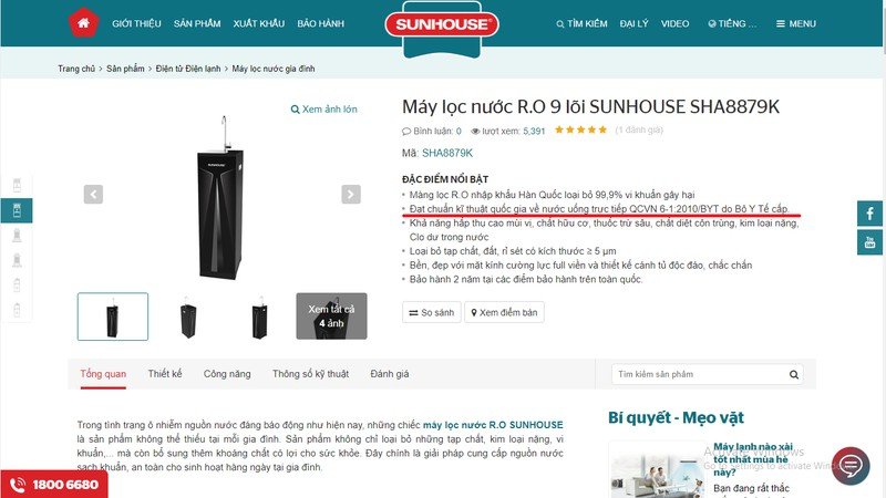 Sunhouse công bố máy lọc nước đạt Quy chuẩn QCVN 6-1:2010/BYT được Bộ Y tế cấp là 
