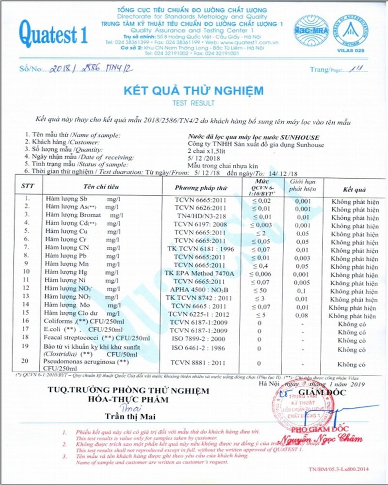 Kết quả thử nghiệm mẫu nước được Sunhouse dùng để quảng cáo.