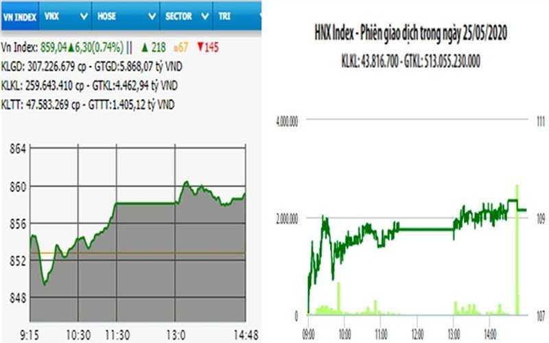 Diễn biến VN-Index và HNX-Index, phiên giao dịch 25/5.