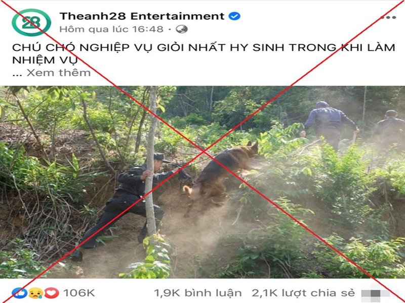 Bài đăng về vụ việc chó nghiệp vụ hy sinh trong khi làm nhiệm vụ truy bắt phạm nhân Triệu Quân Sự là hoàn toàn sai sự thật nhưng thu hút 106 nghìn lượt like, hơn 2 nghìn chia sẻ.