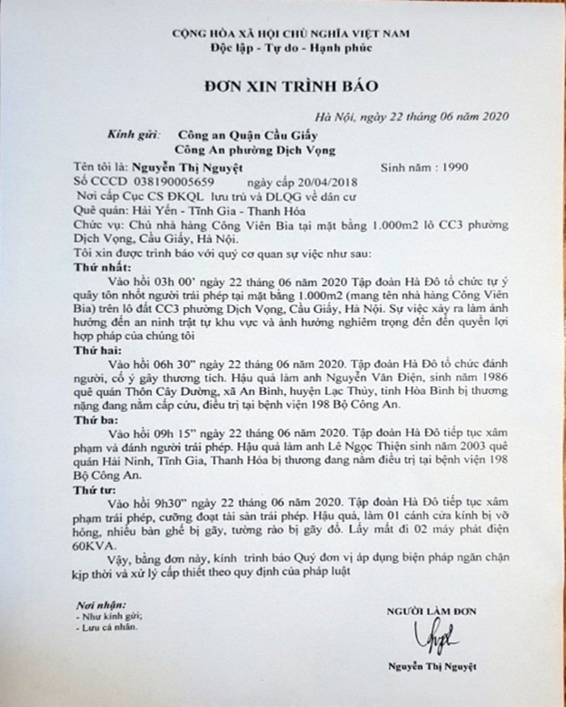 Đơn trình báo của chị Nguyệt.
