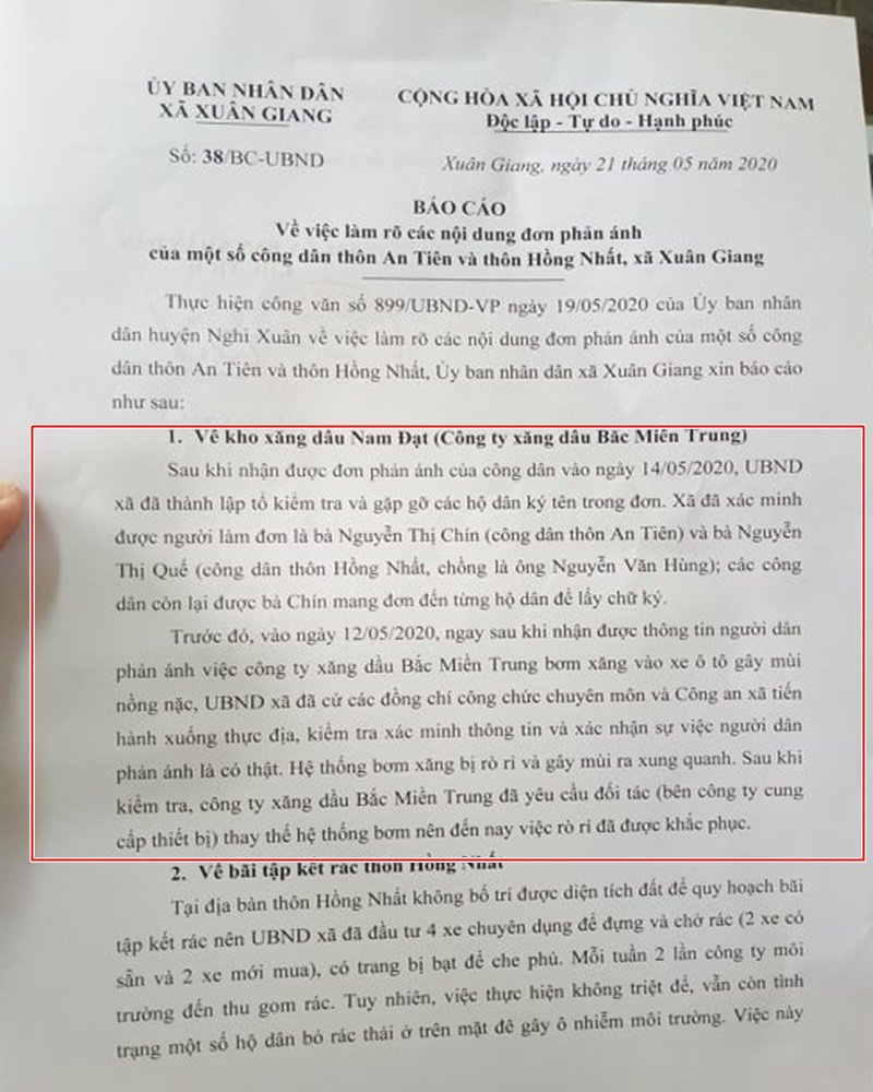 Báo cáo của UBND xã Xuân Giang về sự cố rò rỉ kho xăng dầu. (Ảnh: Nam Anh).