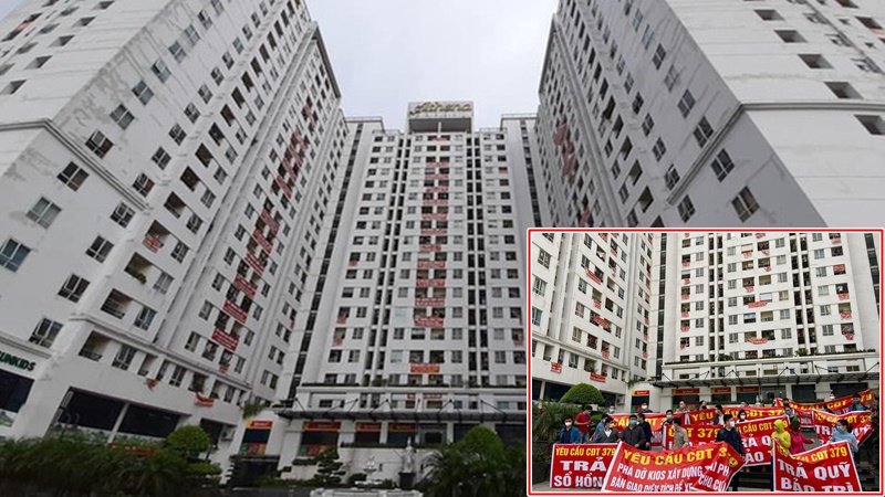 Cư dân chung cư Athena Complex Xuân Phương treo băng rôn kín các ban công tòa nhà tố cáo chủ đầu tư là Công ty TNHH Phát triển Đô thị và Xây dựng 379 trả sổ hồng và bàn giao quỹ bảo trì cho BQT.