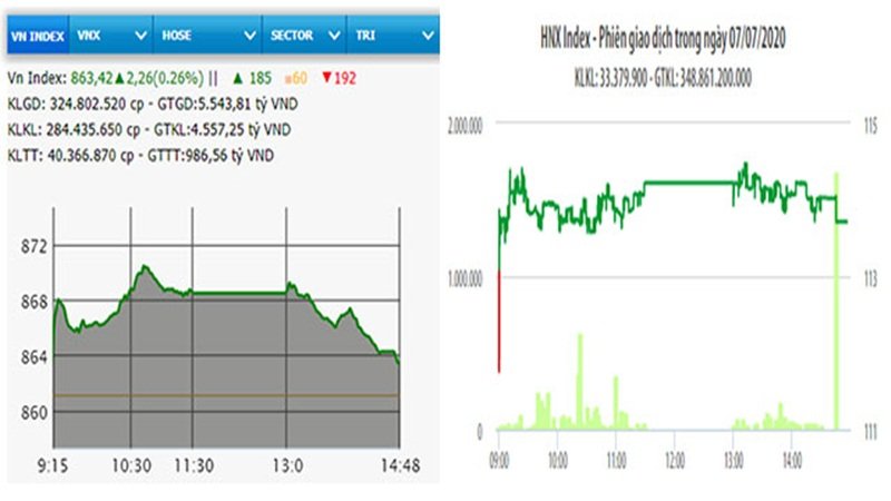 Diễn biến VN-Index và HNX-Index phiên giao dịch ngày 7/7.