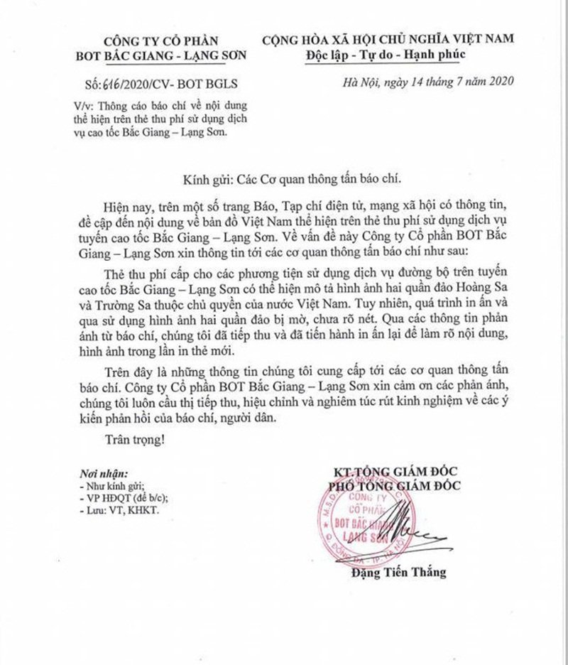 Thông cáo báo chí của Công ty CP BOT Bắc Giang - Lạng Sơn.