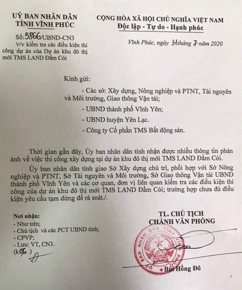 Văn bản yêu cầu kiểm tra của tỉnh Vĩnh Phúc.