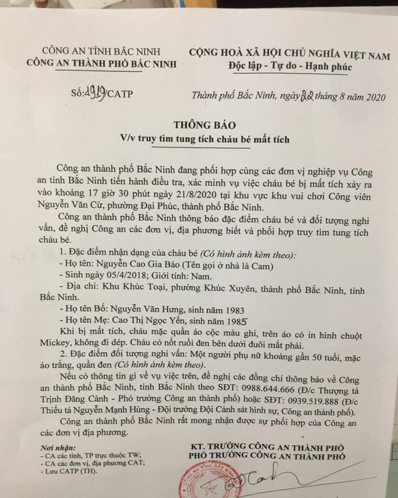 Công an TP Bắc Ninh thông báo tìm cháu bé.