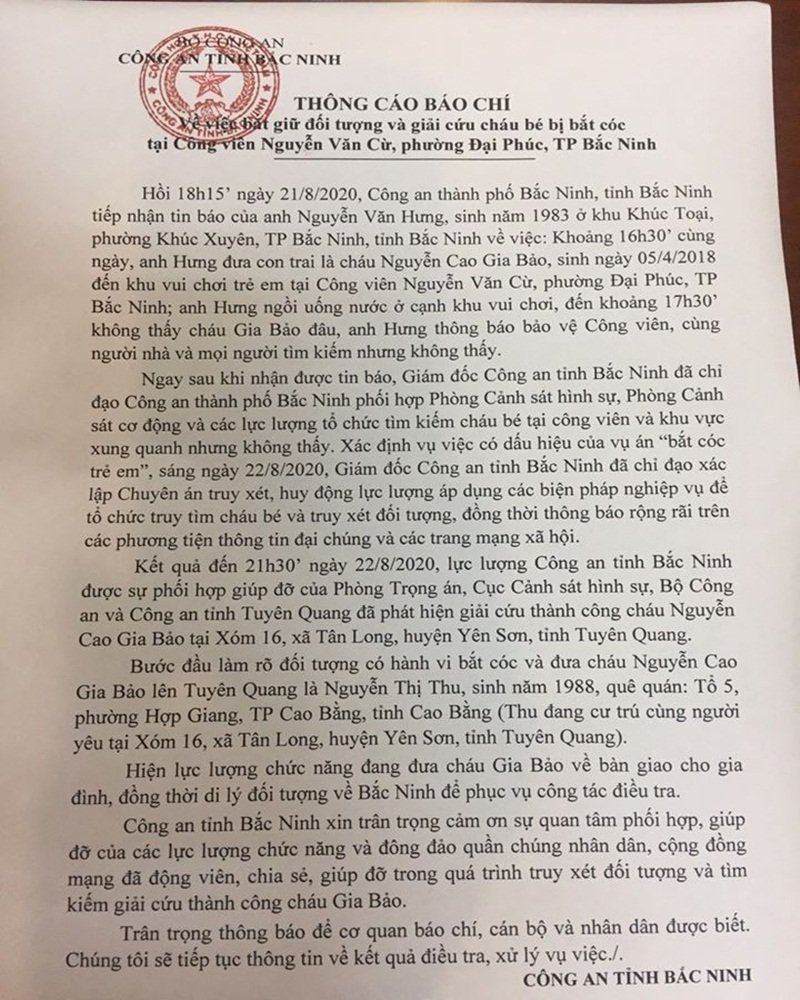 Thông báo của Công an tỉnh Bắc Ninh.