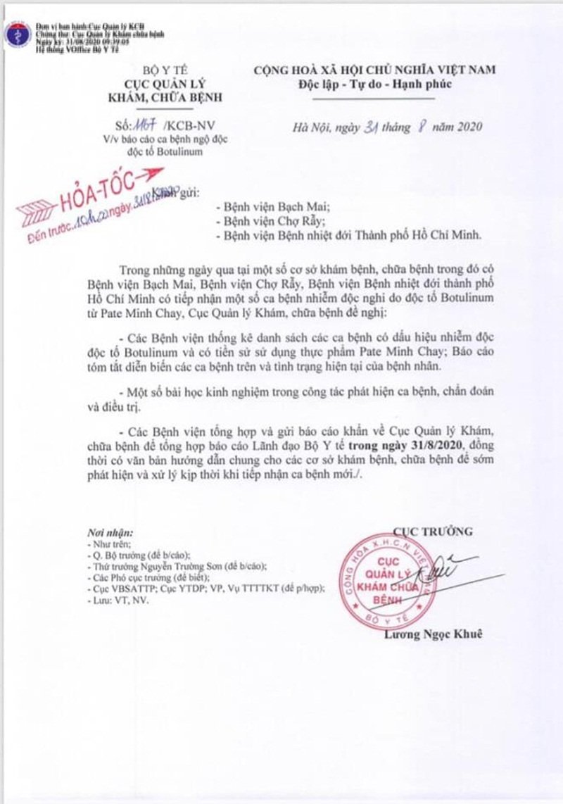 Công văn hỏa tốc của Bộ Y tế yêu cầu 3 bệnh viện báo cáo về vụ việc bệnh nhân ngộ độc do ăn Pate Minh Chay.
