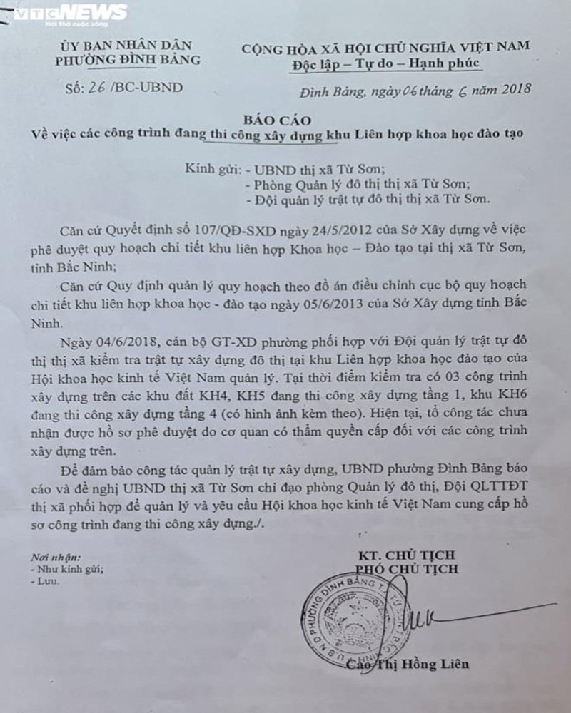 UBND phường Đình Bảng phát hiện Khu liên hợp khoa học đào tạo của Hội Khoa học Kinh tế Việt Nam xây dựng các công trình trái phép từ năm 2018. (Ảnh: VTC News).