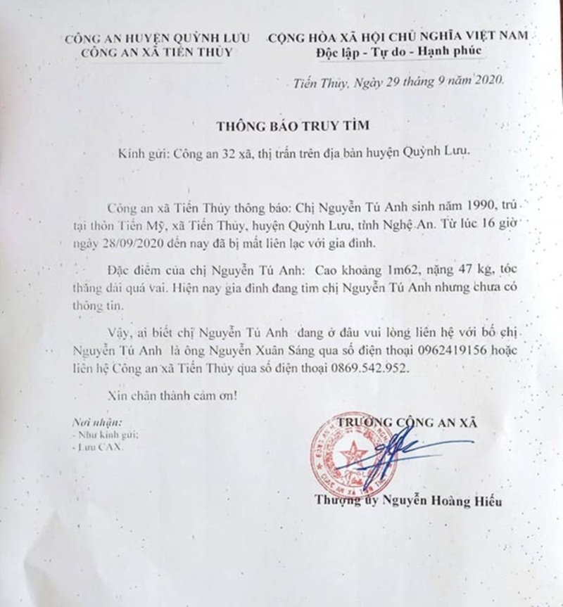 Thông báo truy tìm cô giáo mầm non mất tích.